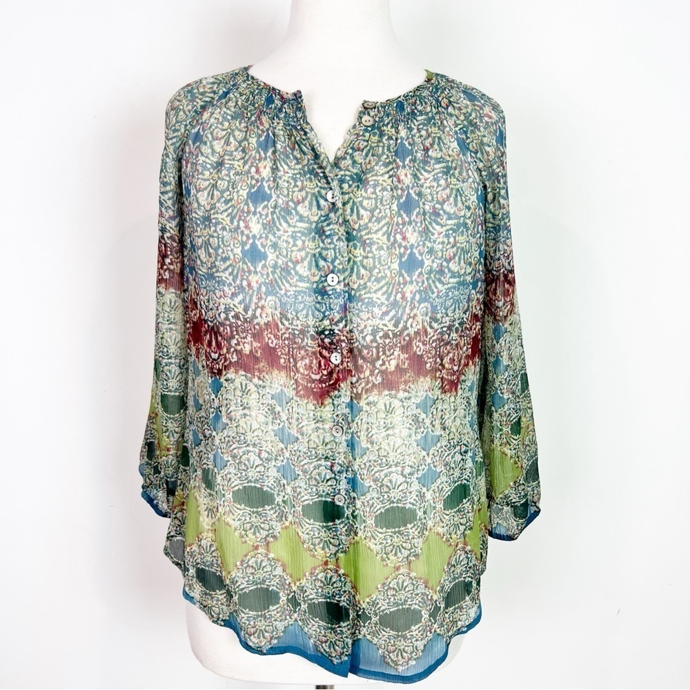 SUNDANCE GREEN BURGUNDY BLUE BOHO SEMI SHEER SILK BLOUSE WOMENS XS